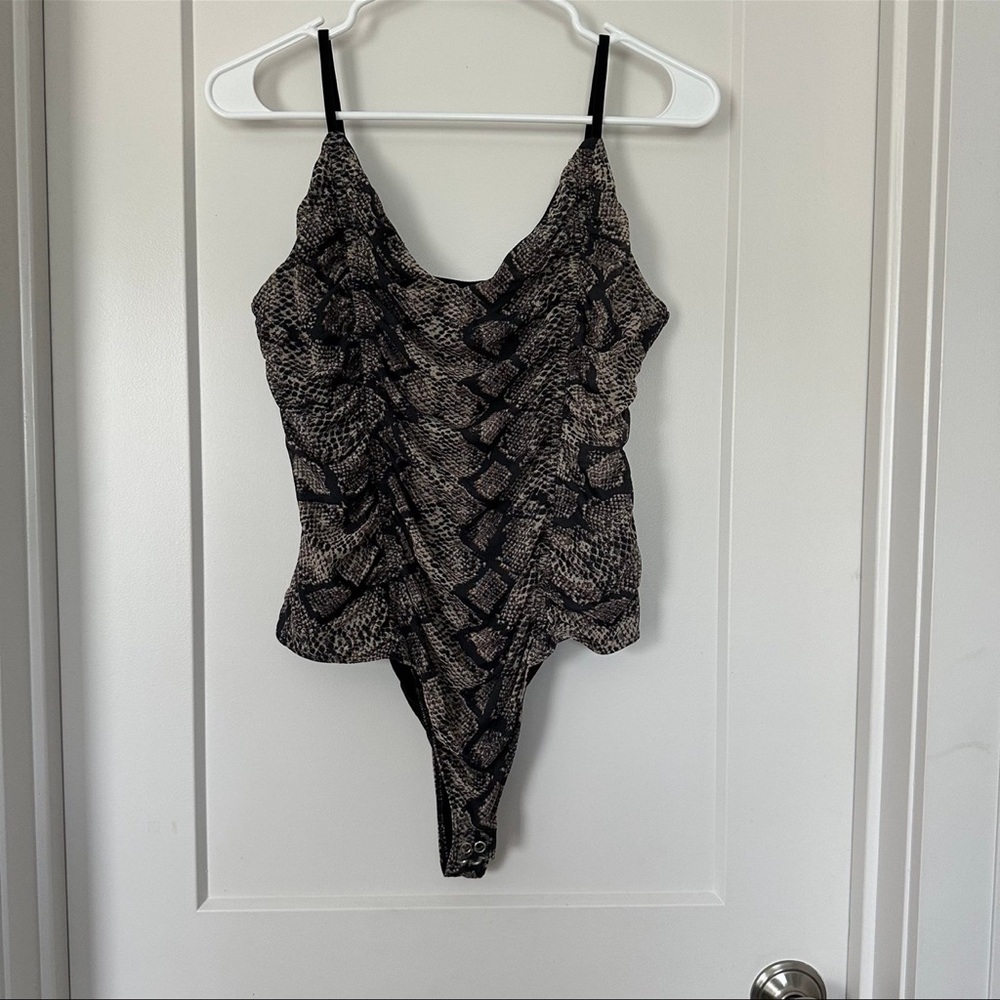 G by Guess Snake Print V-Neck Bodysuit in Black and Taupe
